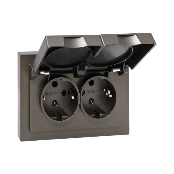 Механизм розетки двойной, 16А, IP44, с заземлением, со шторками, с рамкой, с крышками, мокко Эпика EKF
