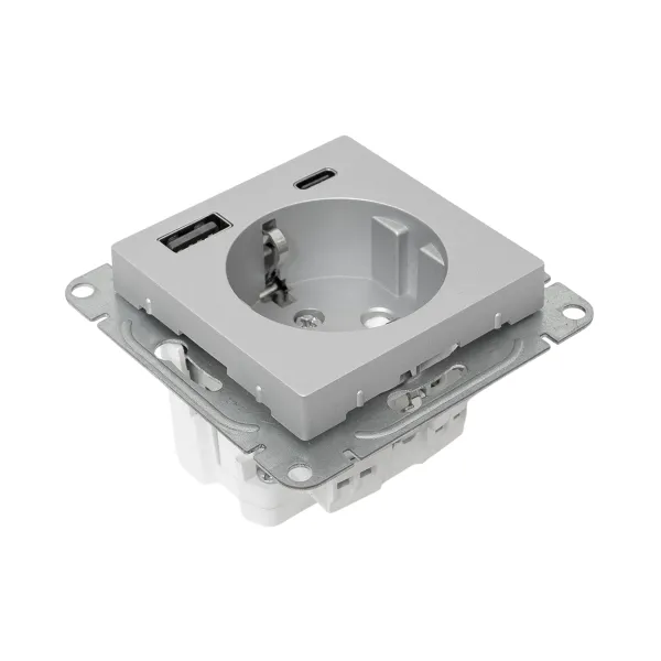 Механизм розетки с USB-A+С - 2шт, 16А, с заземлением, со шторками, алюминий Эпика EKF