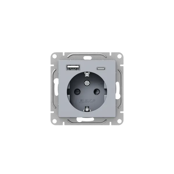 Механизм розетки с USB-A+С - 2шт, 16А, с заземлением, со шторками, алюминий Эпика EKF