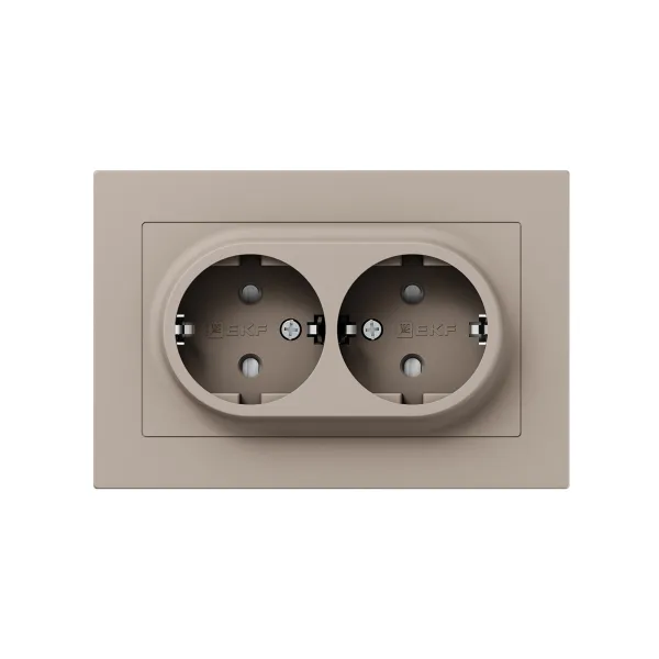 Механизм розетки двойной, 16А, с заземлением, со шторками, с рамкой, кремовый Эпика EKF