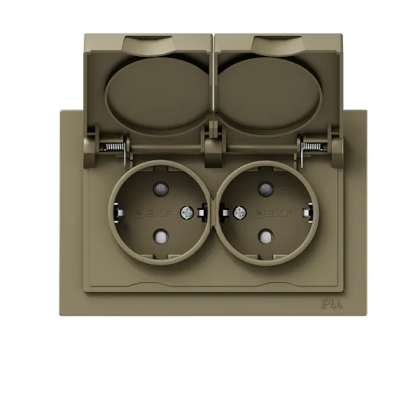 Механизм розетки двойной, 16А, IP44, с заземлением, со шторками, с рамкой, с крышками, шампань Эпика EKF