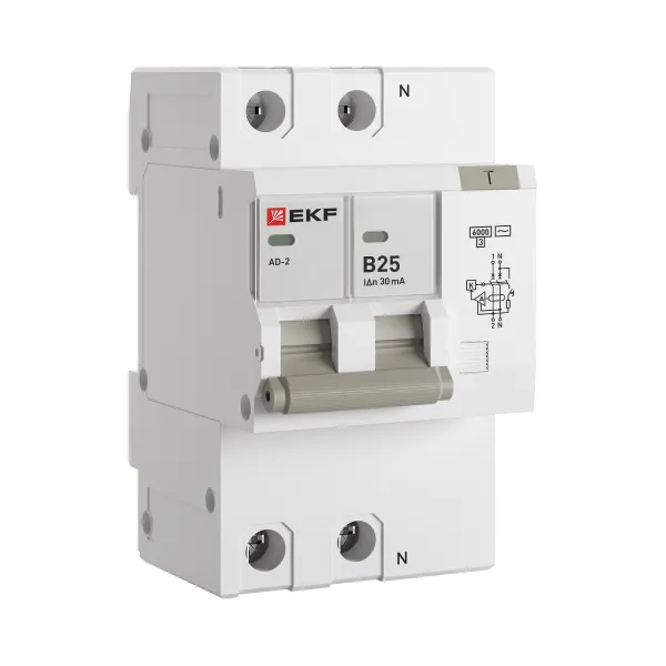 Автоматический выключатель дифференциального тока АД-2 2Р 25А характеристика В 30мА тип АС электронный 6кА PROXIMA EKF