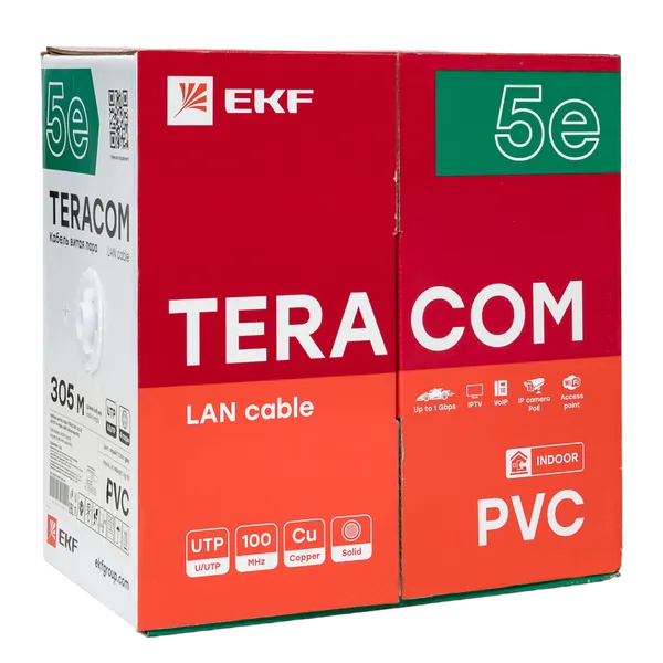 Кабель витая пара TERACOM Cat.5E U/UTP 4 пары solid оболочка PVC цвет серый (упак. 305м)
