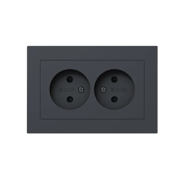 Механизм розетки двойной, 16А, без заземления, со шторками, с рамкой, графит Эпика EKF
