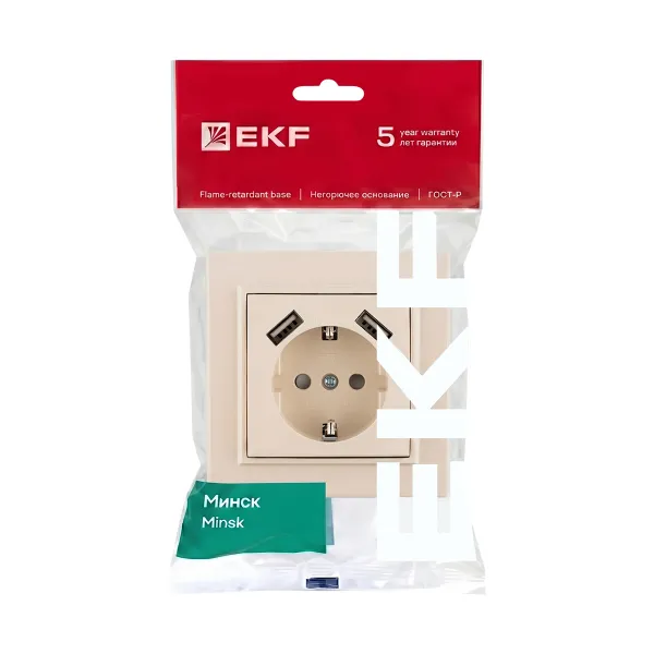 Минск Розетка 1-местная СП с/з 16А бежевая с защ. штор. с 2 USB 2,1А EKF