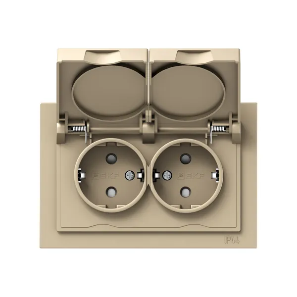 Механизм розетки двойной, 16А, IP44, с заземлением, со шторками, с рамкой, с крышками, шампань Эпика EKF