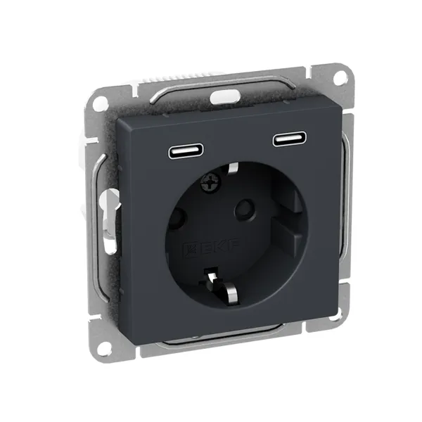Механизм розетки с USB-C - 2шт, 16А, с заземлением, со шторками, графит Эпика EKF
