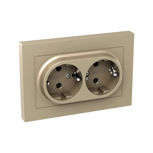 Механизм розетки двойной, 16А, с заземлением, без шторок, с рамкой, шампань Эпика EKF