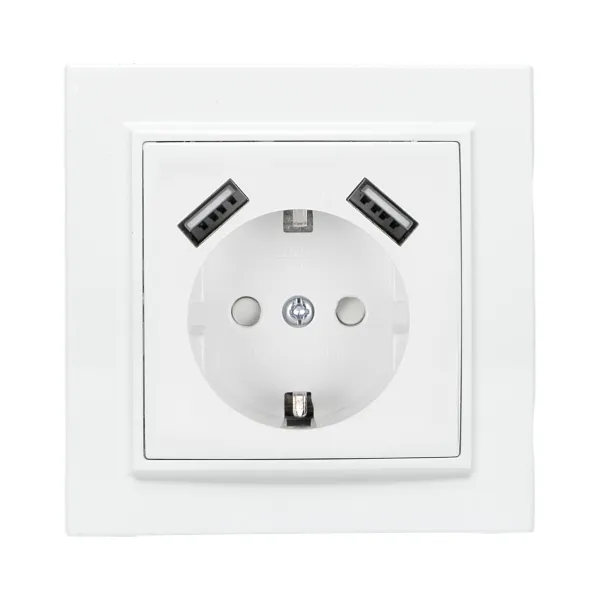 Минск Розетка 1-местная СП с/з 16А белая с защ. штор. с 2 USB 2,1А EKF