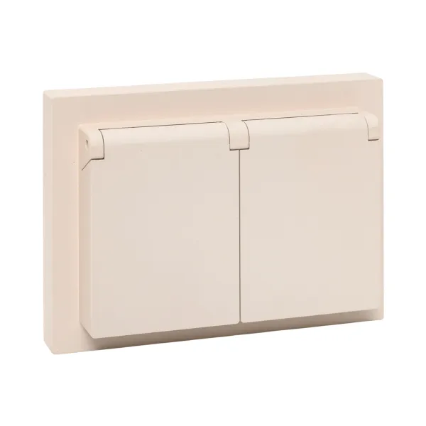 Механизм розетки двойной, 16А, IP44, с заземлением, со шторками, с рамкой, с крышками, кремовый Эпика EKF