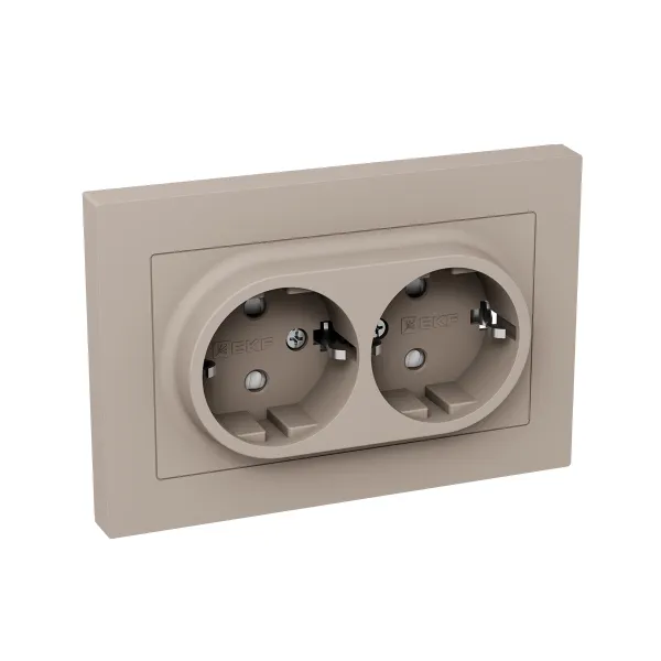 Механизм розетки двойной, 16А, с заземлением, со шторками, с рамкой, кремовый Эпика EKF