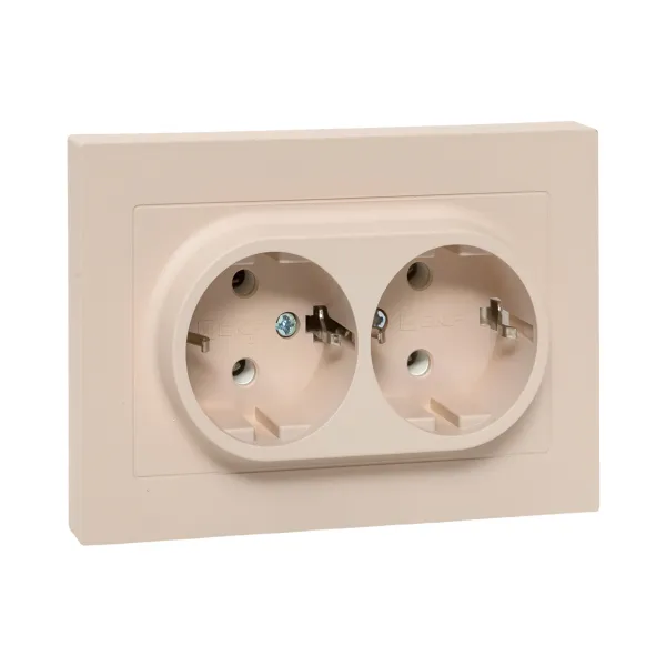 Механизм розетки двойной, 16А, с заземлением, без шторок, с рамкой, кремовый Эпика EKF
