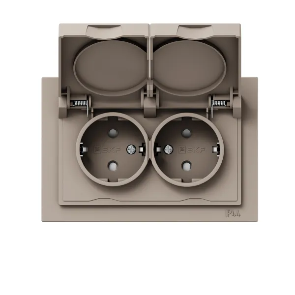 Механизм розетки двойной, 16А, IP44, с заземлением, со шторками, с рамкой, с крышками, кремовый Эпика EKF