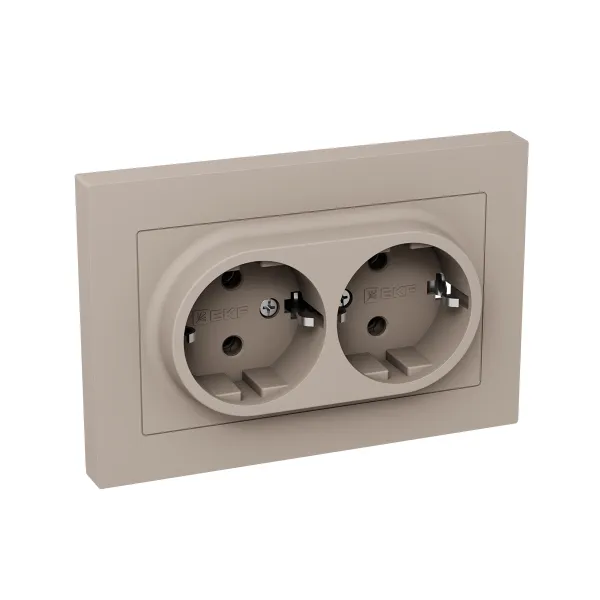Механизм розетки двойной, 16А, с заземлением, без шторок, с рамкой, кремовый Эпика EKF