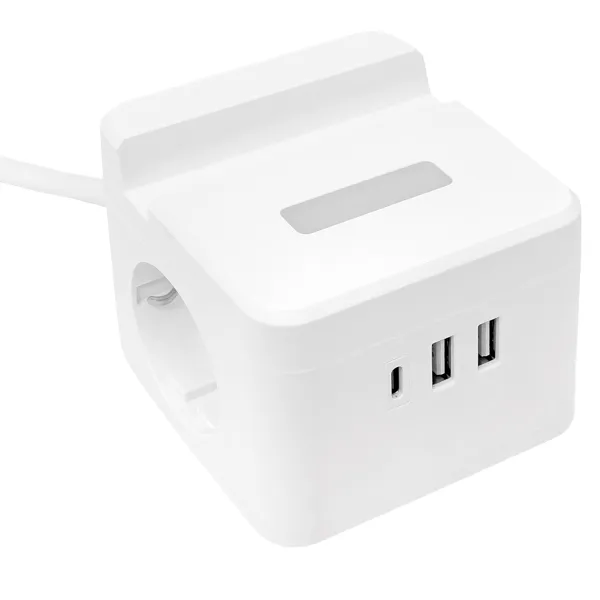 Удлинитель "Куб" 2 гнезда 1USB + 2Type C с быстрой зарядкой, подставкой под телефон и ночником 1,3 метра 1мм2