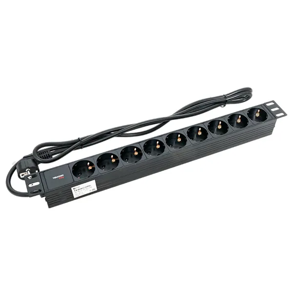 Блок розеток PDU TERACOM PRO 19" 1U 16А/250В 9 розеток Schuko шнур питания длиной 2 метра сечение 3x1,5 мм2 вилка Schuko корпус пластик черный