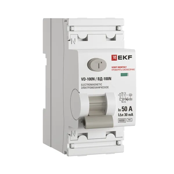 Выключатель дифференциального тока ВД-100N 2P 50А 30мА тип AC эл-мех 6кА PROXIMA EKF