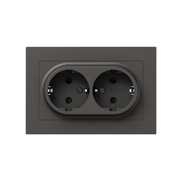 Механизм розетки двойной, 16А, с заземлением, со шторками, с рамкой, мокко Эпика EKF