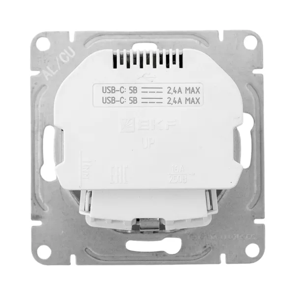 Механизм розетки с USB-C - 2шт, 16А, с заземлением, со шторками, алюминий Эпика EKF