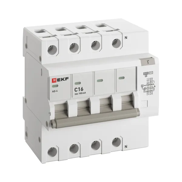 Дифференциальный автомат АД-4 16А/100мА (хар. C, AC, электронный) 4,5кА EKF PROxima