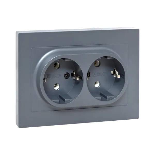 Механизм розетки двойной, 16А, с заземлением, без шторок, с рамкой, графит Эпика EKF