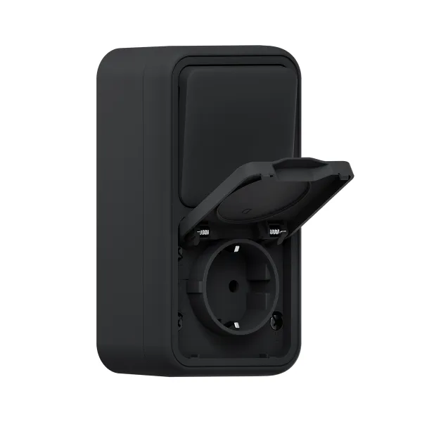 Блок: розетка и выключатель, одноклавишный, проходной ОП, винтовые клеммы антрацит, Бронто EKF