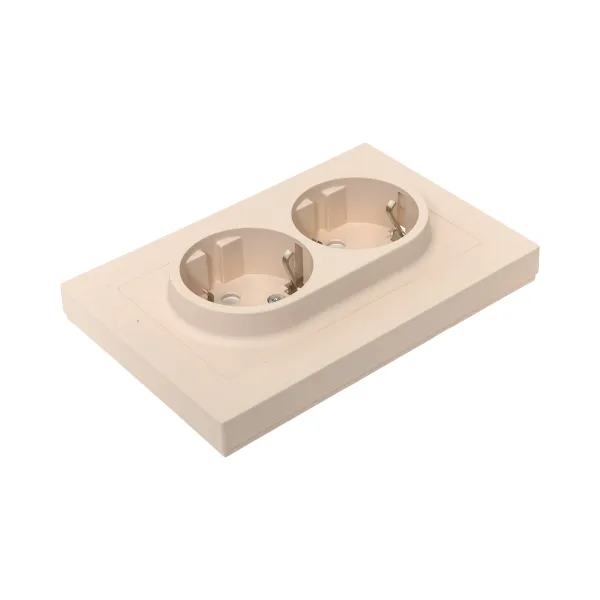 Механизм розетки двойной, 16А, с заземлением, без шторок, с рамкой, кремовый Эпика EKF