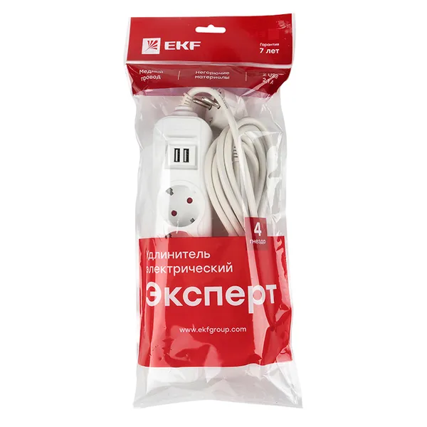 Удлинитель "Эксперт" 4 гнезда 2 метра 13А/3,0кВт с 2 USB 2,1А ПВС 3х1 EKF PROxima