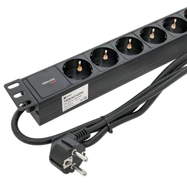 Блок розеток PDU TERACOM PRO 19" 1U 16А/250В 9 розеток Schuko шнур питания длиной 2 метра сечение 3x1,5 мм2 вилка Schuko корпус алюминий черный