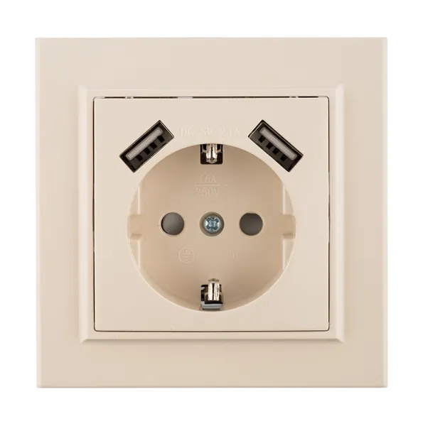 Минск Розетка 1-местная СП с/з 16А бежевая с защ. штор. с 2 USB 2,1А EKF