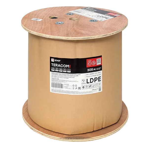 Кабель витая пара TERACOM PRO Cat.5E F/UTP 4 пары solid 24AWG с тросом сталь 1,2 мм оболочка LDPE цвет черный (катушка 305м)
