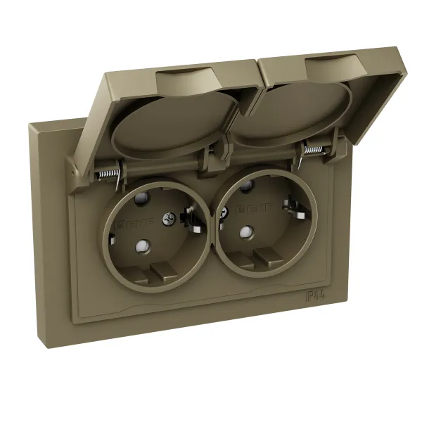 Механизм розетки двойной, 16А, IP44, с заземлением, со шторками, с рамкой, с крышками, шампань Эпика EKF