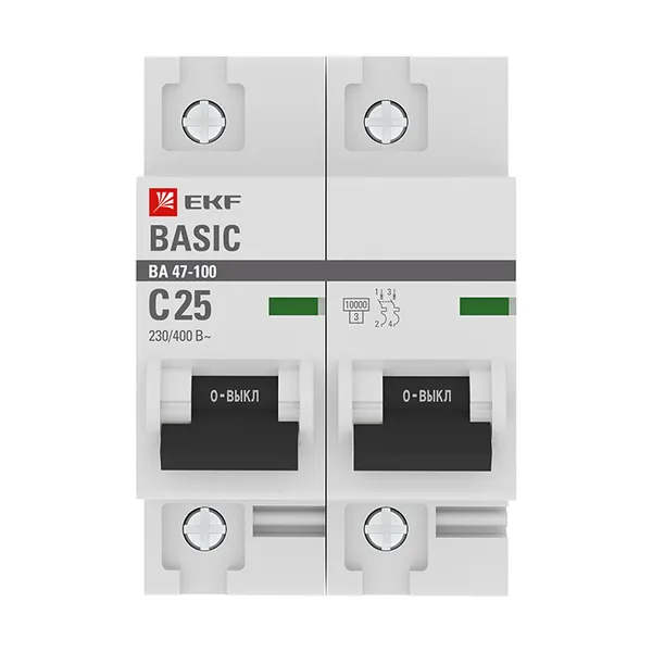 Автоматический выключатель 2P 25А (C) 10kA ВА 47-100 EKF Basic
