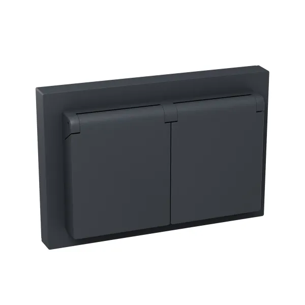 Механизм розетки двойной, 16А, IP44, с заземлением, со шторками, с рамкой, с крышками, графит Эпика EKF