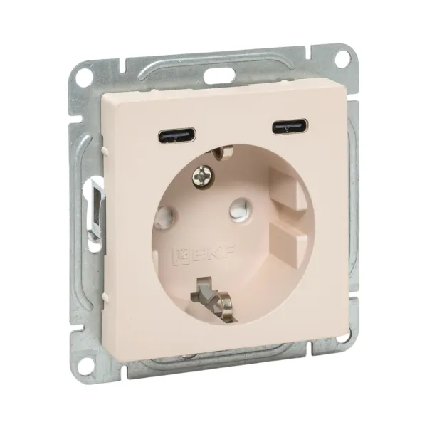 Механизм розетки с USB-C - 2шт, 16А, с заземлением, со шторками, кремовый Эпика EKF