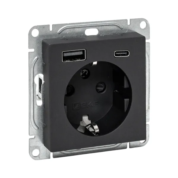 Механизм розетки с USB-A+С - 2шт, 16А, с заземлением, со шторками, чёрный Эпика EKF