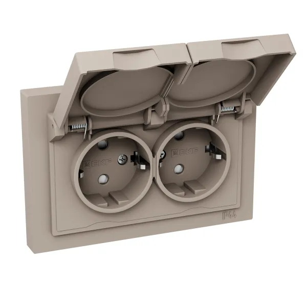 Механизм розетки двойной, 16А, IP44, с заземлением, со шторками, с рамкой, с крышками, кремовый Эпика EKF