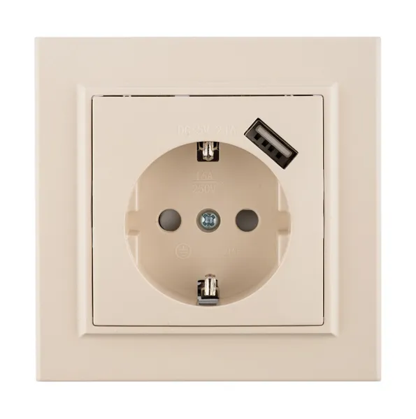 Розетка 1-местная СП с/з Минск 16А бежевая с защ. штор. с USB 1А EKF