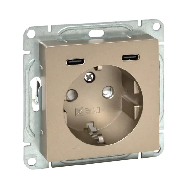 Механизм розетки с USB-C - 2шт, 16А, с заземлением, со шторками, шампань Эпика EKF