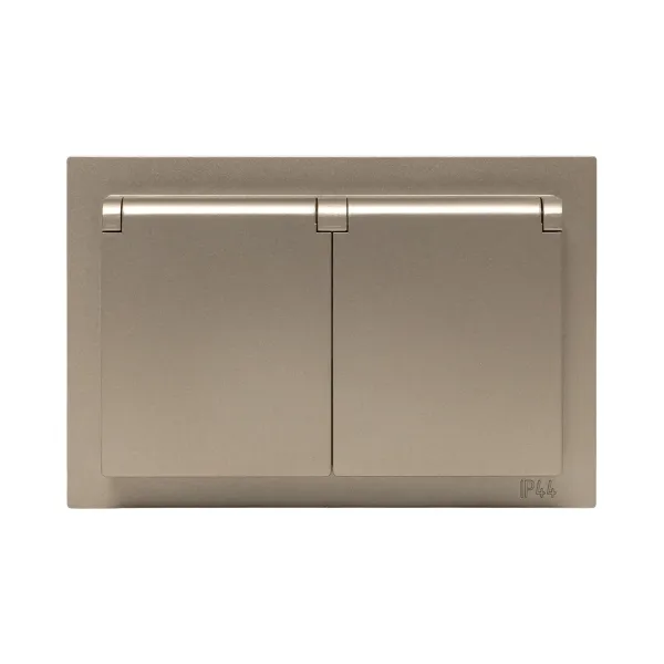 Механизм розетки двойной, 16А, IP44, с заземлением, со шторками, с рамкой, с крышками, шампань Эпика EKF