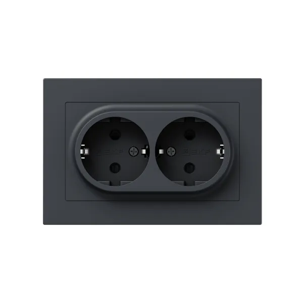 Механизм розетки двойной, 16А, с заземлением, со шторками, с рамкой, графит Эпика EKF