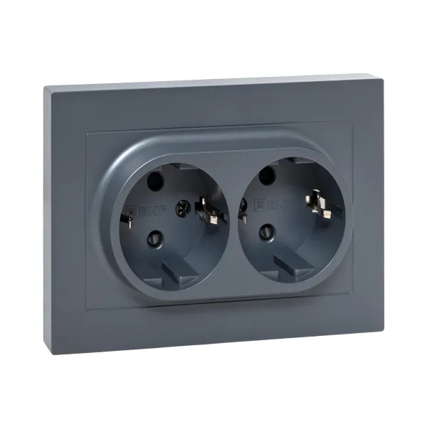 Механизм розетки двойной, 16А, с заземлением, со шторками, с рамкой, графит Эпика EKF