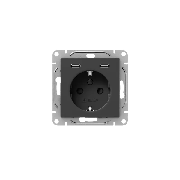 Механизм розетки с USB-C - 2шт, 16А, с заземлением, со шторками, чёрный Эпика EKF
