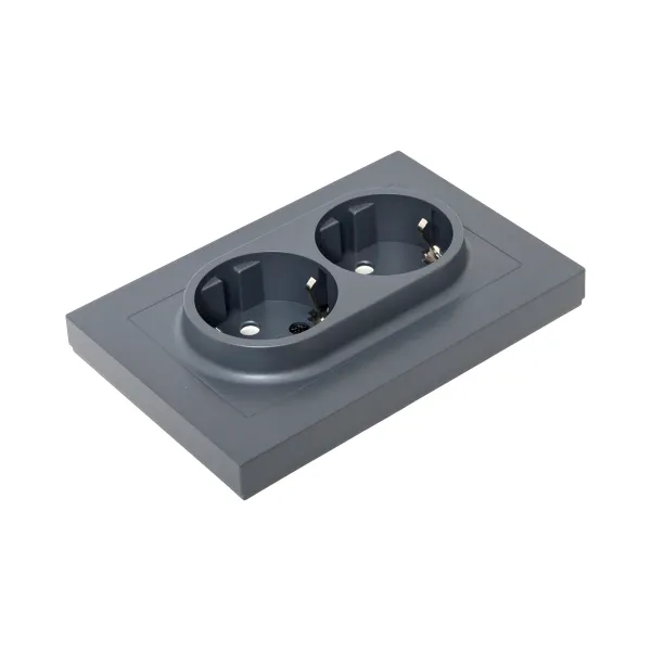 Механизм розетки двойной, 16А, с заземлением, без шторок, с рамкой, графит Эпика EKF