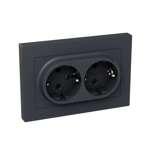 Механизм розетки двойной, 16А, с заземлением, со шторками, с рамкой, графит Эпика EKF