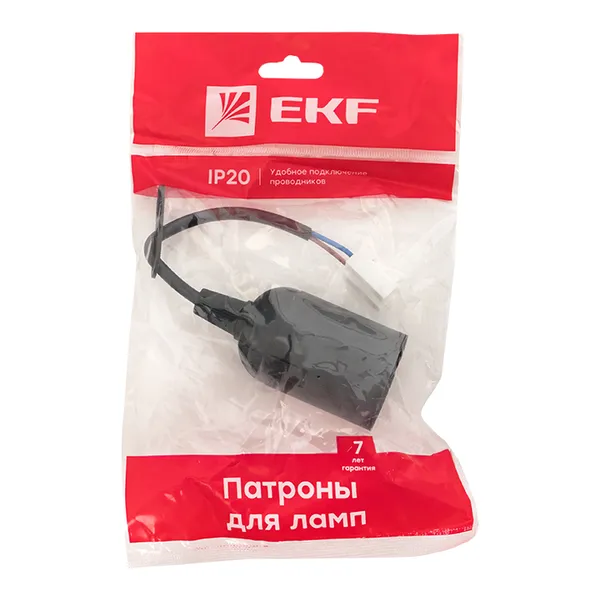 Патрон Е27 подвесной с клеммной колодкой пласт чер. индивидуальный пакет EKF