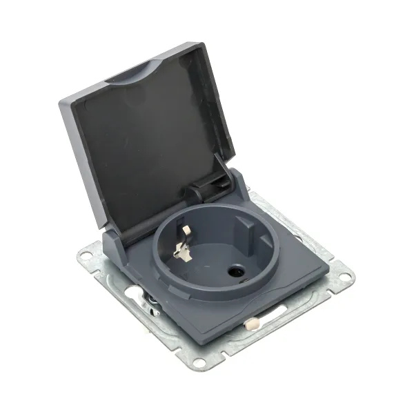 Механизм розетки, 16А, IP44, с заземлением, со шторками, c крышкой, графит Эпика EKF