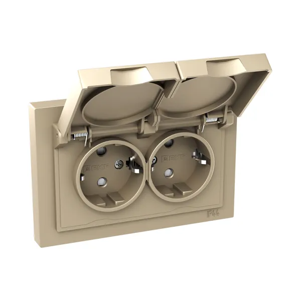 Механизм розетки двойной, 16А, IP44, с заземлением, со шторками, с рамкой, с крышками, шампань Эпика EKF