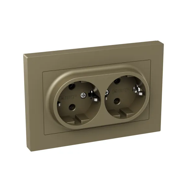 Механизм розетки двойной, 16А, с заземлением, без шторок, с рамкой, шампань Эпика EKF