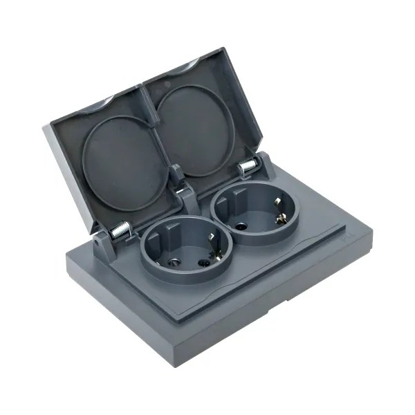 Механизм розетки двойной, 16А, IP44, с заземлением, со шторками, с рамкой, с крышками, графит Эпика EKF